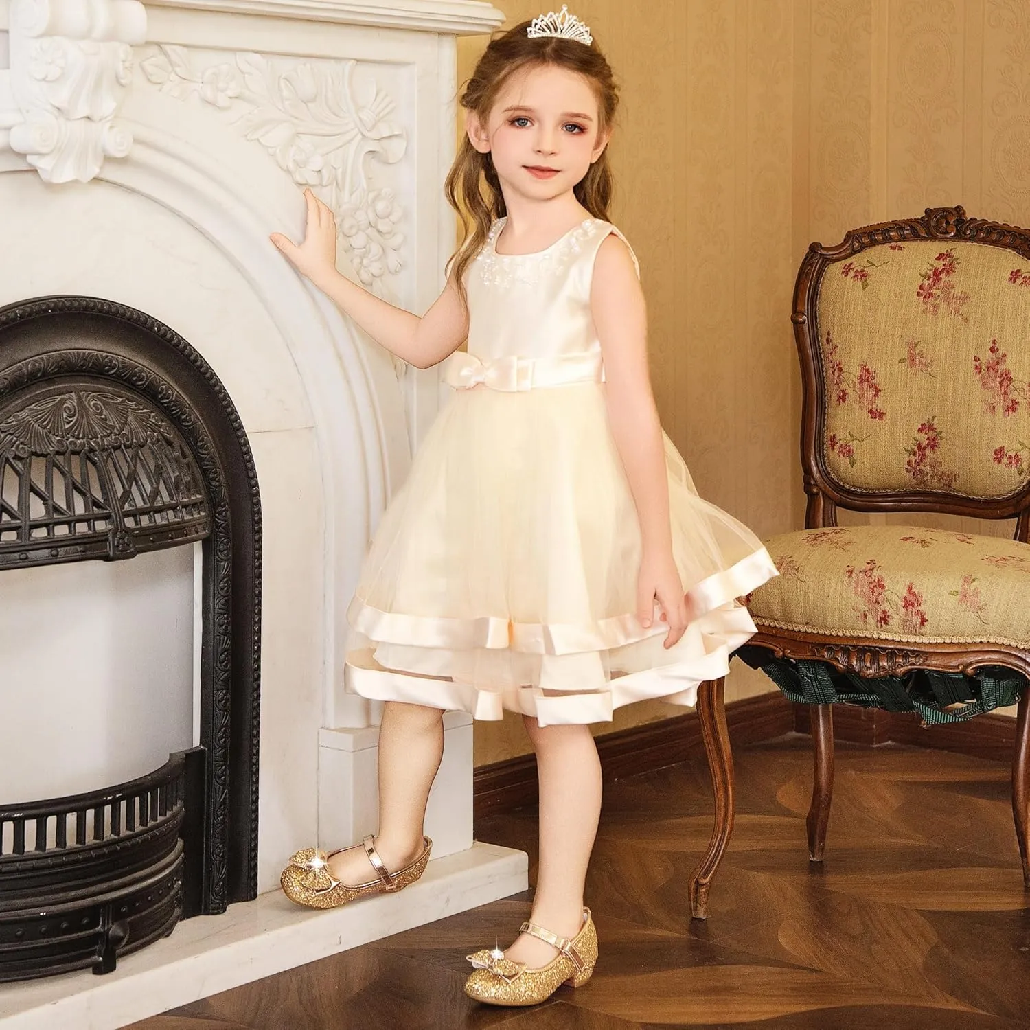 Furdeour Girls Dress Shoes Mary Jane Wedding Flower Bridesmaids Heels Glitter Princess Shoes for Kids Toddler