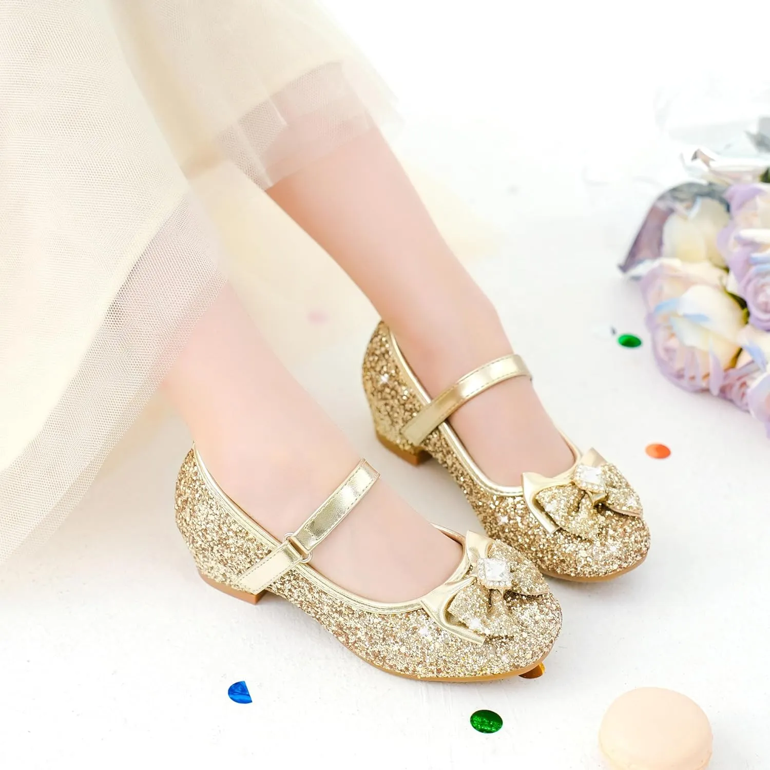 Furdeour Girls Dress Shoes Mary Jane Wedding Flower Bridesmaids Heels Glitter Princess Shoes for Kids Toddler