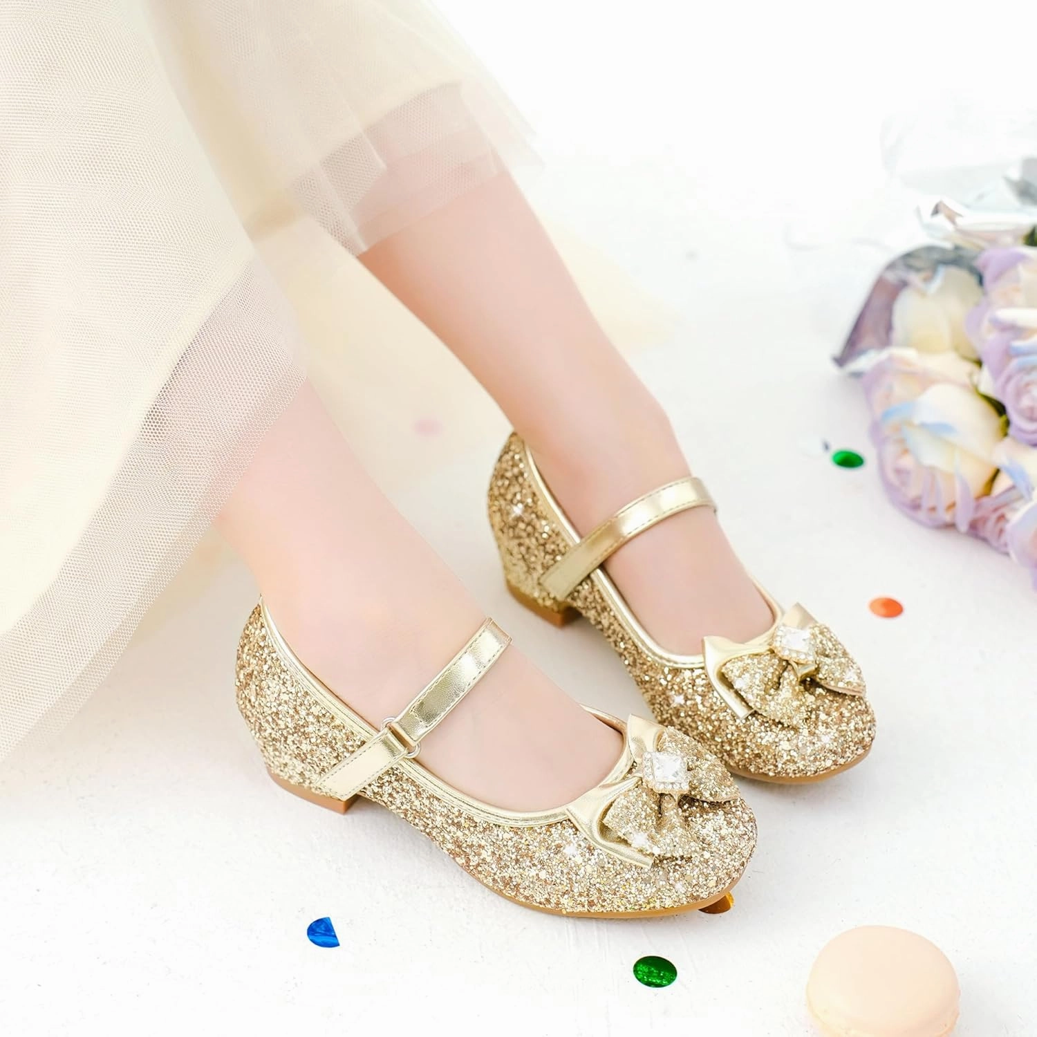 Furdeour Girls Dress Shoes Mary Jane Wedding Flower Bridesmaids Heels Glitter Princess Shoes for Kids Toddler