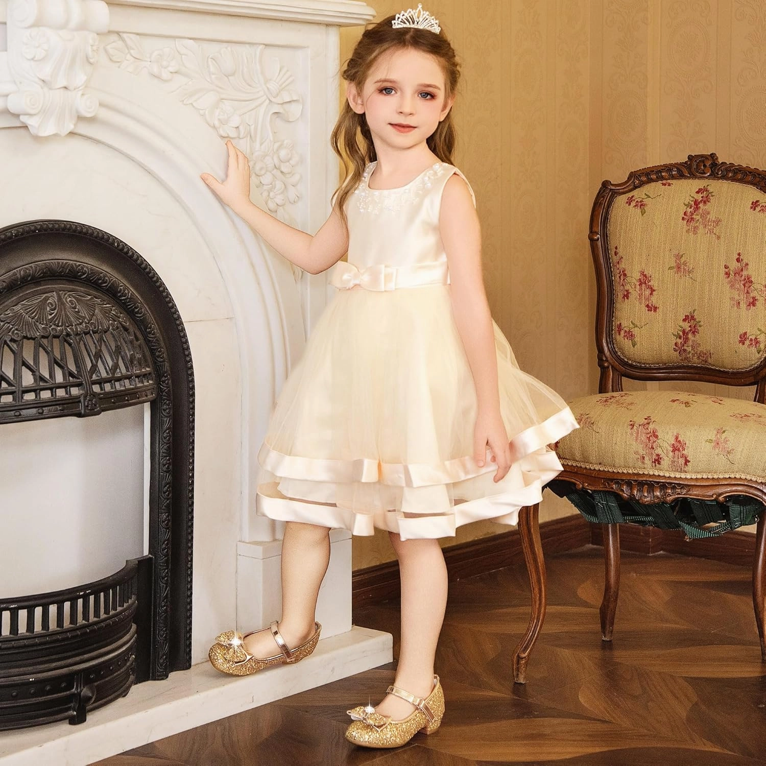 Furdeour Girls Dress Shoes Mary Jane Wedding Flower Bridesmaids Heels Glitter Princess Shoes for Kids Toddler