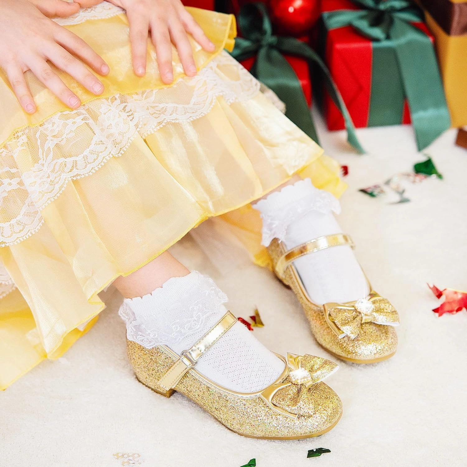 Furdeour Girls Dress Shoes Mary Jane Wedding Flower Bridesmaids Heels Glitter Princess Shoes for Kids Toddler