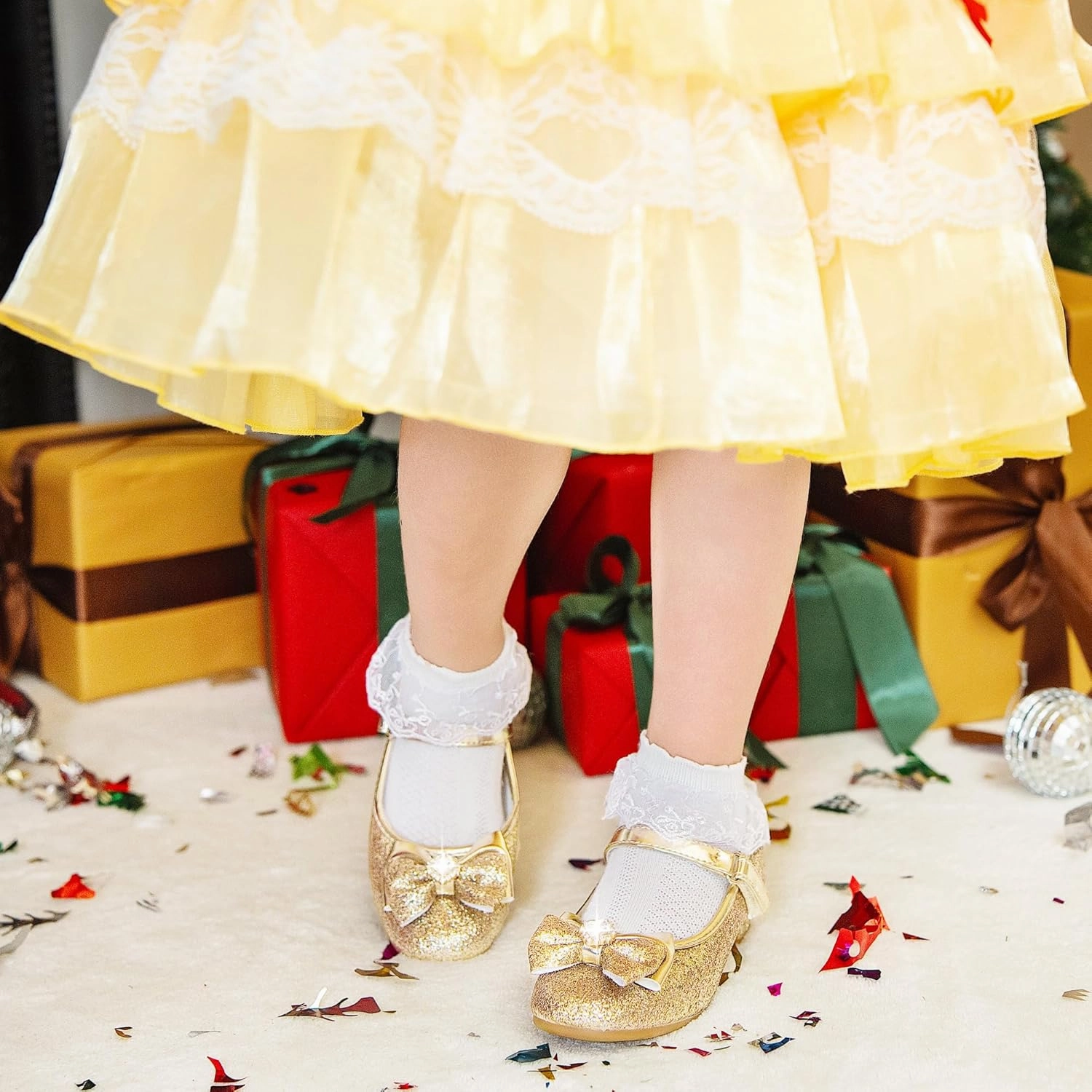 Furdeour Girls Dress Shoes Mary Jane Wedding Flower Bridesmaids Heels Glitter Princess Shoes for Kids Toddler