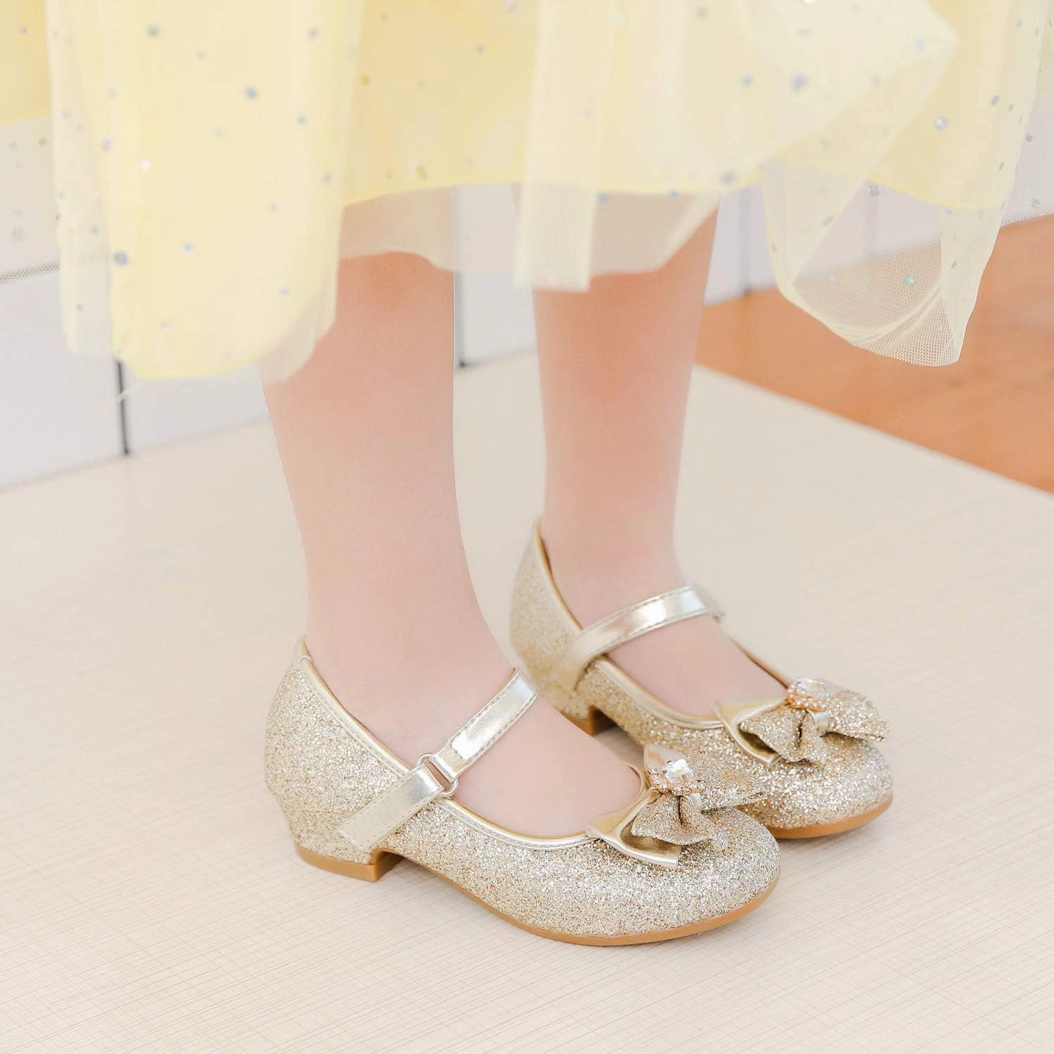 Furdeour Girls Dress Shoes Mary Jane Wedding Flower Bridesmaids Heels Glitter Princess Shoes for Kids Toddler