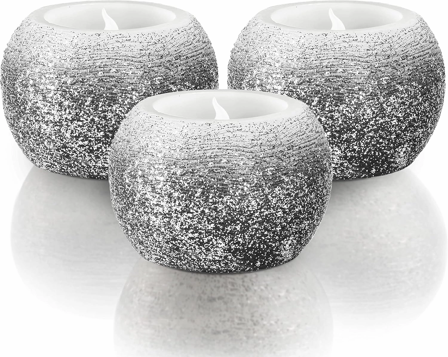 FURORA LIGHTING Small Black Glittery Real Wax Flameless Candles Pack of 3, LED Flickering Round Candles Perfect for Wedding Décor, 2.4’’(W) x 1.6’’(H), Battery Included