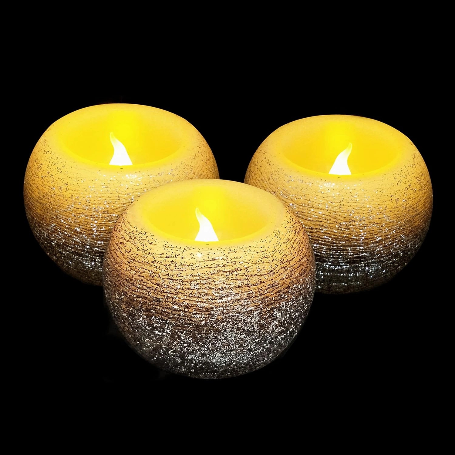 FURORA LIGHTING Small Black Glittery Real Wax Flameless Candles Pack of 3, LED Flickering Round Candles Perfect for Wedding Décor, 2.4’’(W) x 1.6’’(H), Battery Included