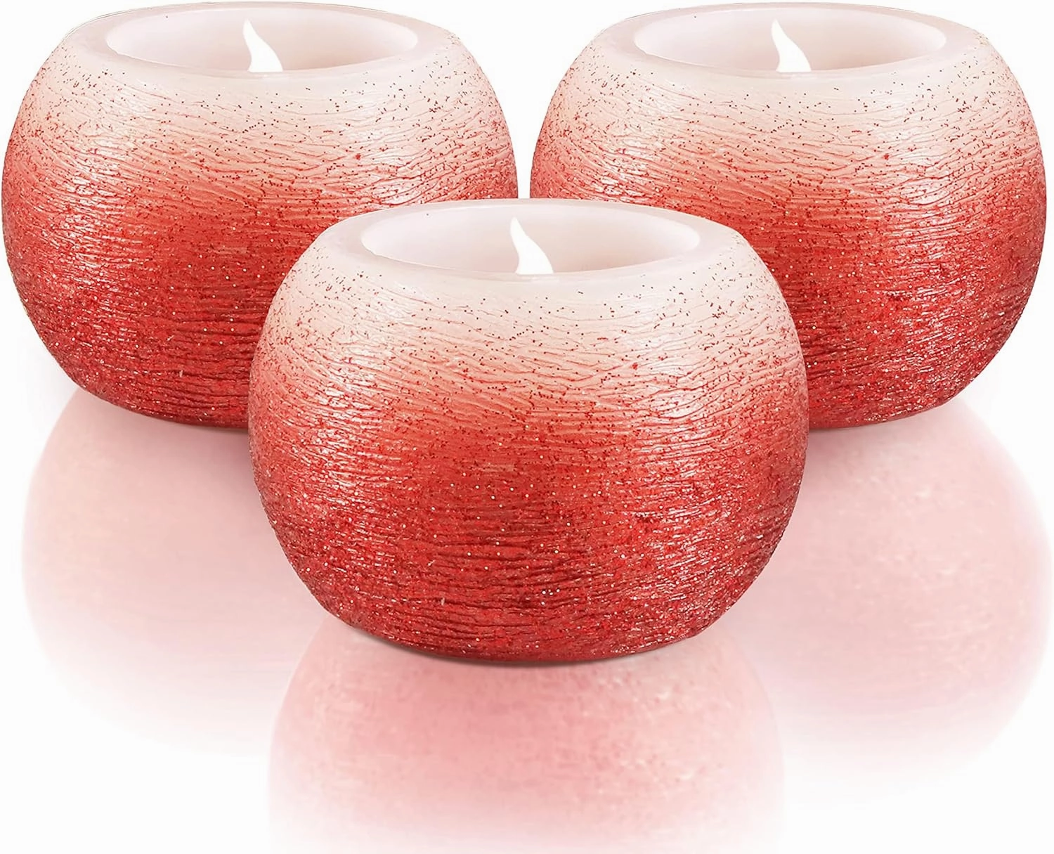 FURORA LIGHTING Small Red Glittery Real Wax Flameless Candles, Pack of 3 – LED Flickering Small Round Candles, 2.4” x 1.6”, Battery Included, Ideal for Home Decor