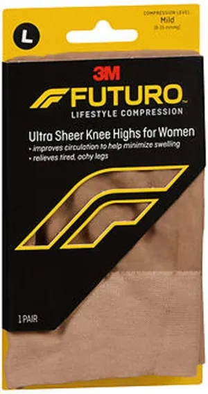 FUTURO Energizing Ultra Sheer Knee Highs For Women, Mild Compression Large, Nude 1 Pair (Pack of 3)