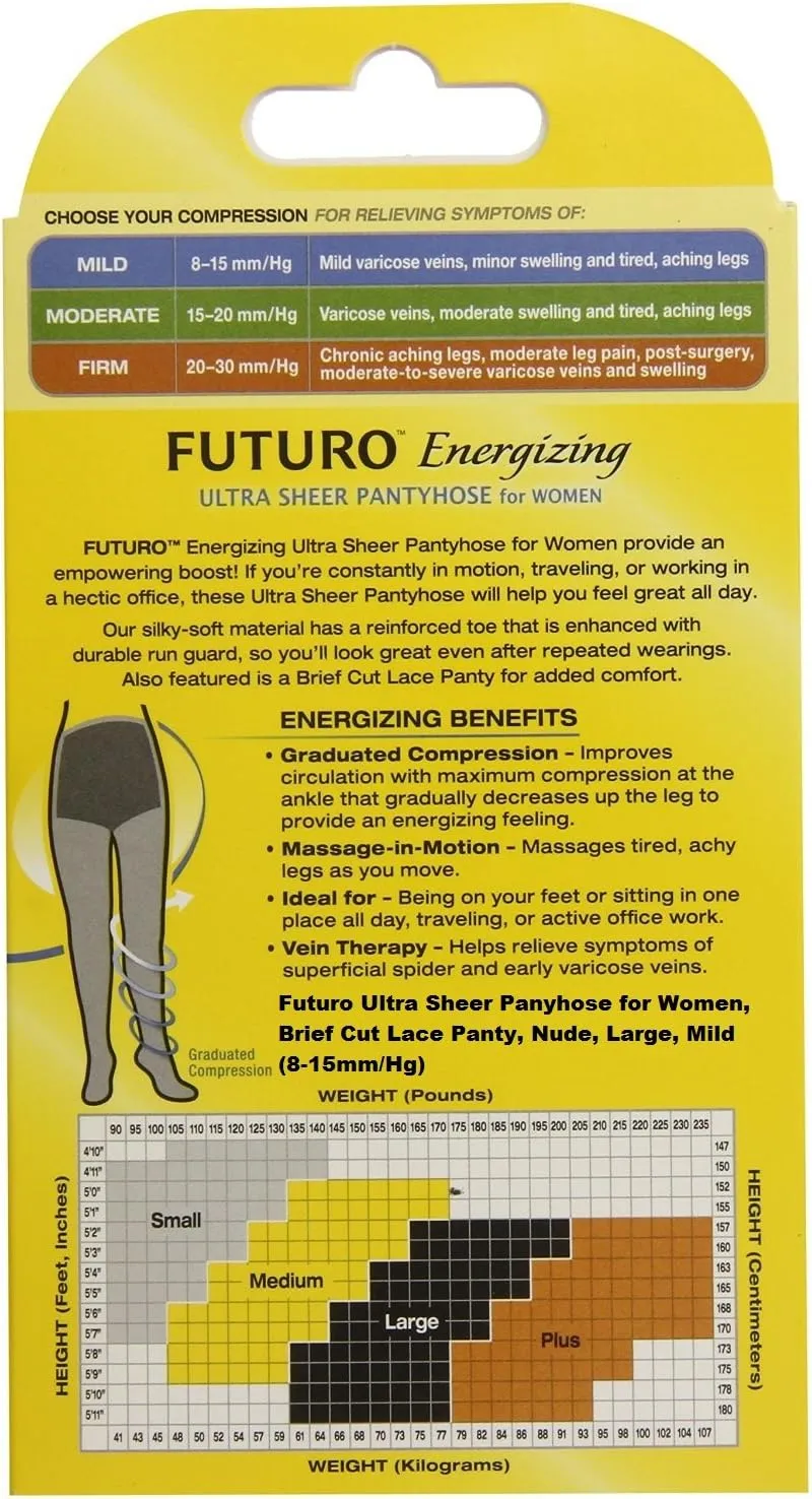 Futuro Energizing Ultra Sheer Pantyhose for Women, Helps Relieve Symptoms of Mild Spider Veins, Mild Compression, Brief Cut, Large, Nude
