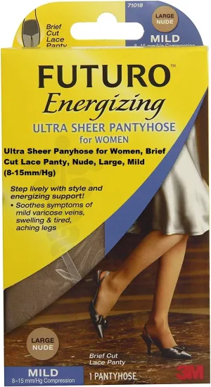 Futuro Energizing Ultra Sheer Pantyhose for Women, Helps Relieve Symptoms of Mild Spider Veins, Mild Compression, Brief Cut, Large, Nude