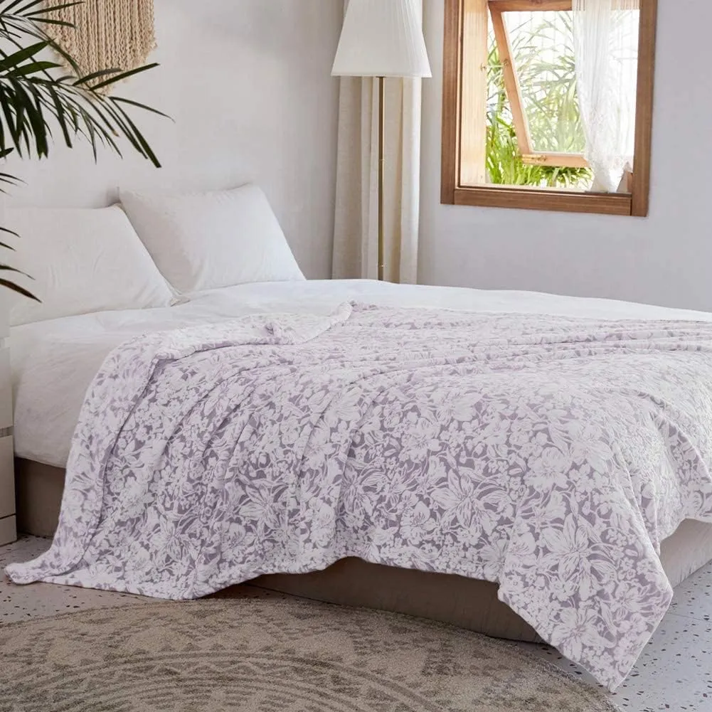 FY FIBER HOUSE Flannel Fleece Throw Blanket Super Soft Lightweight Microfiber with Flower Print for Couch, 90"X90", Lavender