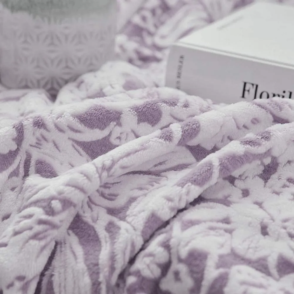 FY FIBER HOUSE Flannel Fleece Throw Blanket Super Soft Lightweight Microfiber with Flower Print for Couch, 90"X90", Lavender