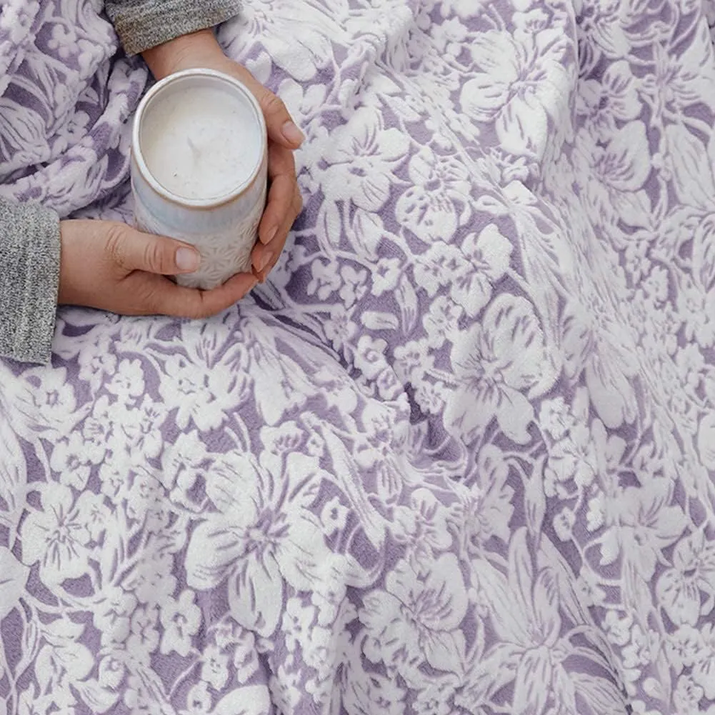 FY FIBER HOUSE Flannel Fleece Throw Blanket Super Soft Lightweight Microfiber with Flower Print for Couch, 90"X90", Lavender