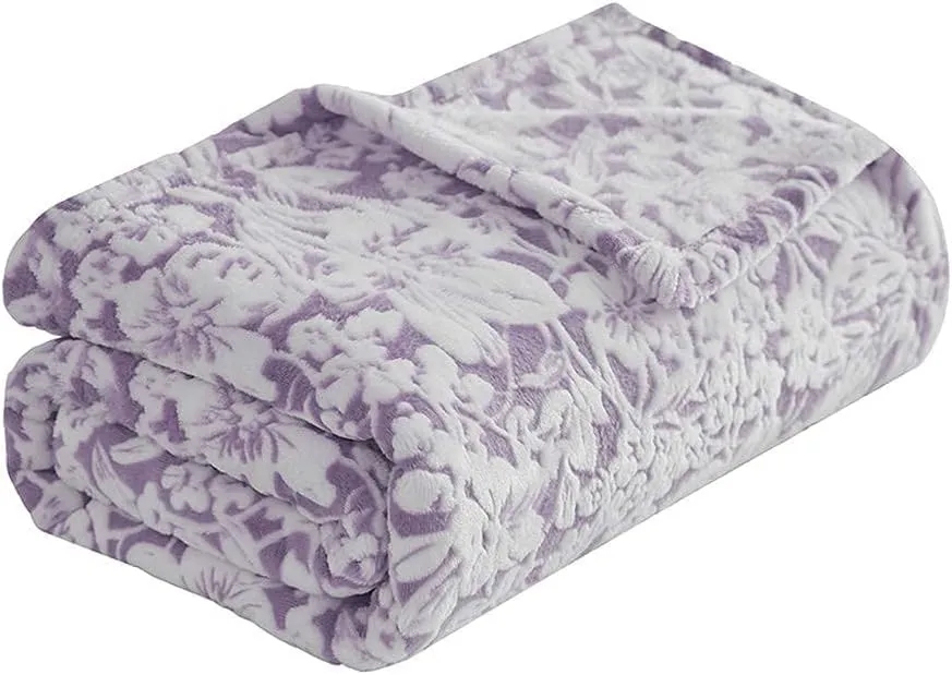 FY FIBER HOUSE Flannel Fleece Throw Blanket Super Soft Lightweight Microfiber with Flower Print for Couch, 90"X90", Lavender