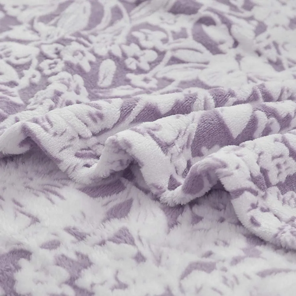 FY FIBER HOUSE Flannel Fleece Throw Blanket Super Soft Lightweight Microfiber with Flower Print for Couch, 90"X90", Lavender