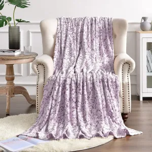 FY FIBER HOUSE Flannel Fleece Throw Blanket Super Soft Lightweight Microfiber with Flower Print for Couch, 90"X90", Lavender