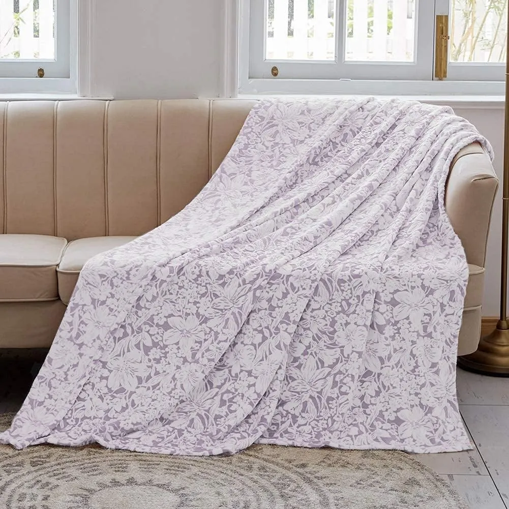 FY FIBER HOUSE Flannel Fleece Throw Blanket Super Soft Lightweight Microfiber with Flower Print for Couch, 90"X90", Lavender