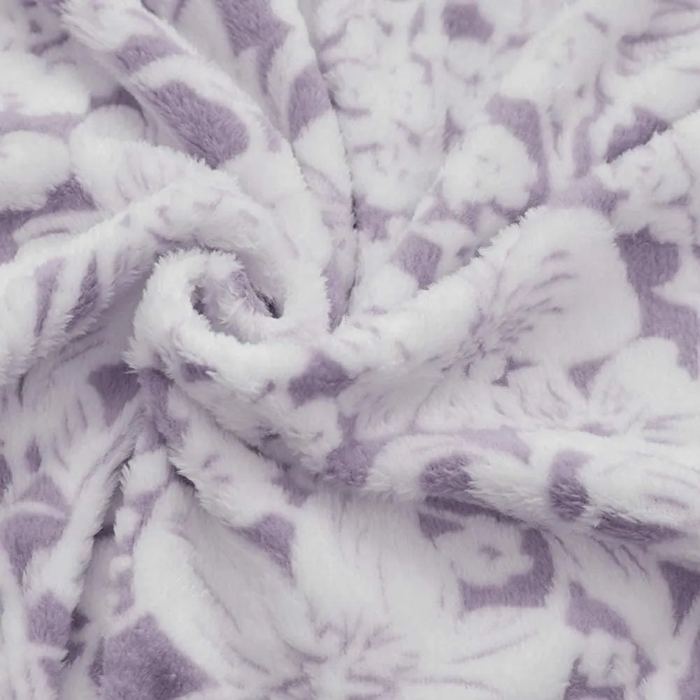 FY FIBER HOUSE Flannel Fleece Throw Blanket Super Soft Lightweight Microfiber with Flower Print for Couch, 90"X90", Lavender