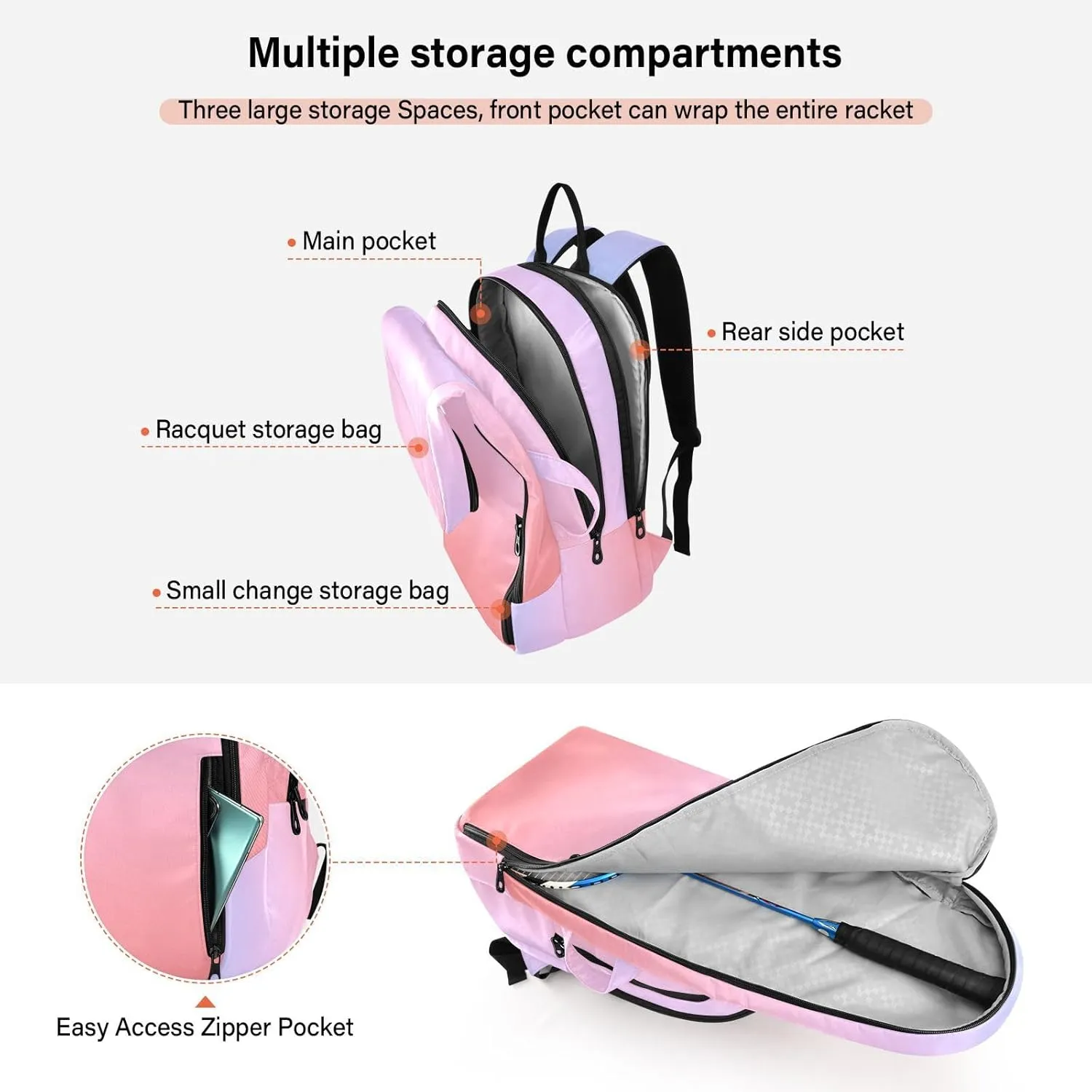 GAIGEO Silver Pink Glitter Tennis Racquet Bag, Multiple Storage Compartments, Foldable Racket Pocket