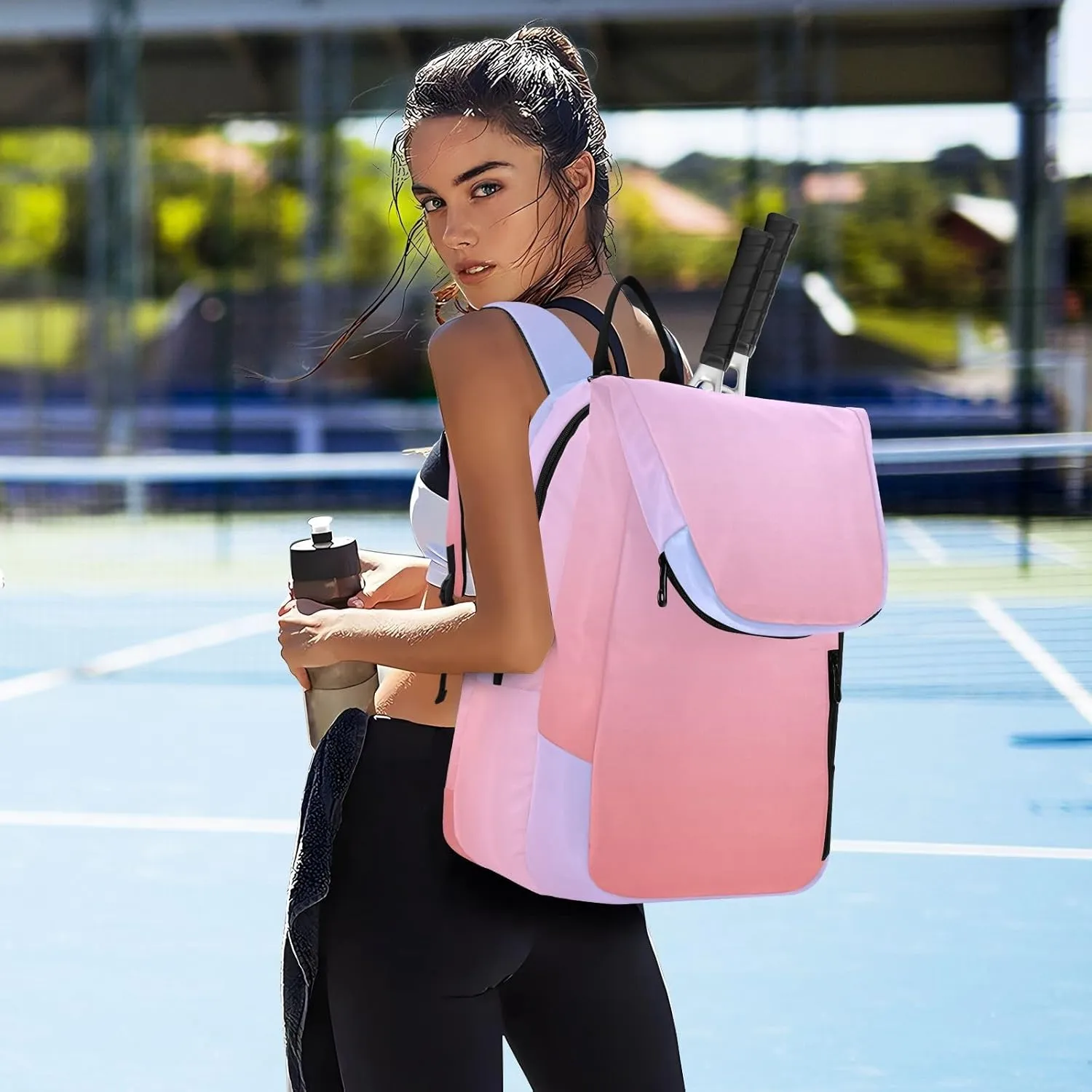 GAIGEO Silver Pink Glitter Tennis Racquet Bag, Multiple Storage Compartments, Foldable Racket Pocket