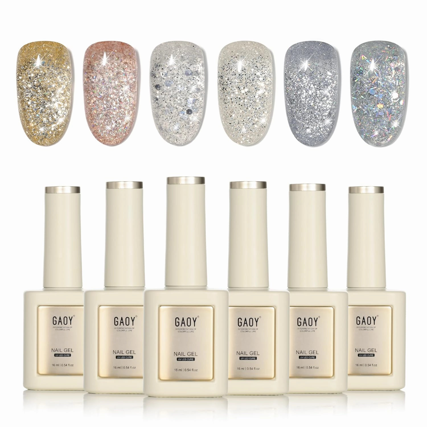 GAOY 16ml 6 Colors Glitter Gel Nail Polish Set, Silver Gold Champagne Sparkly Holographic Gel Polish, UV Light Cure for Nail Art DIY and Salon, Vibrant Star