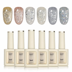 GAOY 16ml 6 Colors Glitter Gel Nail Polish Set, Silver Gold Champagne Sparkly Holographic Gel Polish, UV Light Cure for Nail Art DIY and Salon, Vibrant Star