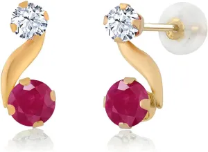 Gem Stone King 14K Yellow Gold Red Ruby Earrings For Women (0.82 Cttw, Gemstone Birthstone, Round 4MM and 3MM)
