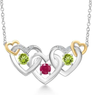 Gem Stone King 925 Silver and 10K Yellow Gold Red Ruby Green Peridot and White Lab Grown Diamond Heart Shape Pendant Necklace For Women (1.01 Cttw, with 18 Inch Chain)