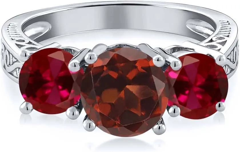 Gem Stone King 925 Sterling Silver Red Garnet and Created Ruby 3-Stone Ring For Women (2.50 Ct Round, Gemstone Birthstone, Available in size 5, 6, 7, 8, 9)