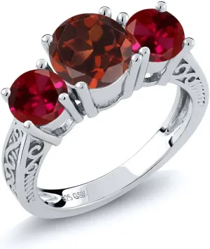 Gem Stone King 925 Sterling Silver Red Garnet and Created Ruby 3-Stone Ring For Women (2.50 Ct Round, Gemstone Birthstone, Available in size 5, 6, 7, 8, 9)