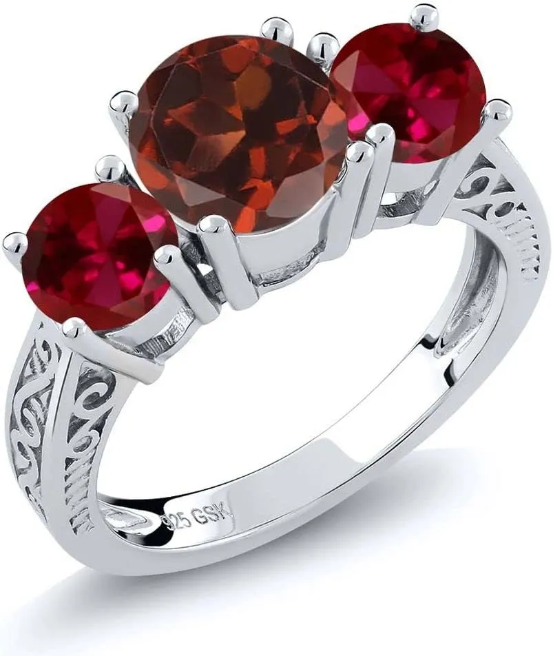 Gem Stone King 925 Sterling Silver Red Garnet and Created Ruby 3-Stone Ring For Women (2.50 Ct Round, Gemstone Birthstone, Available in size 5, 6, 7, 8, 9)