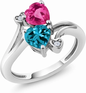 Gem Stone King 10K White Gold Pink Created Sapphire and London Blue Topaz Heart Shape Ring For Women | 1.78 Cttw | Gemstone Birthstone | Available In Size 5, 6, 7, 8, 9