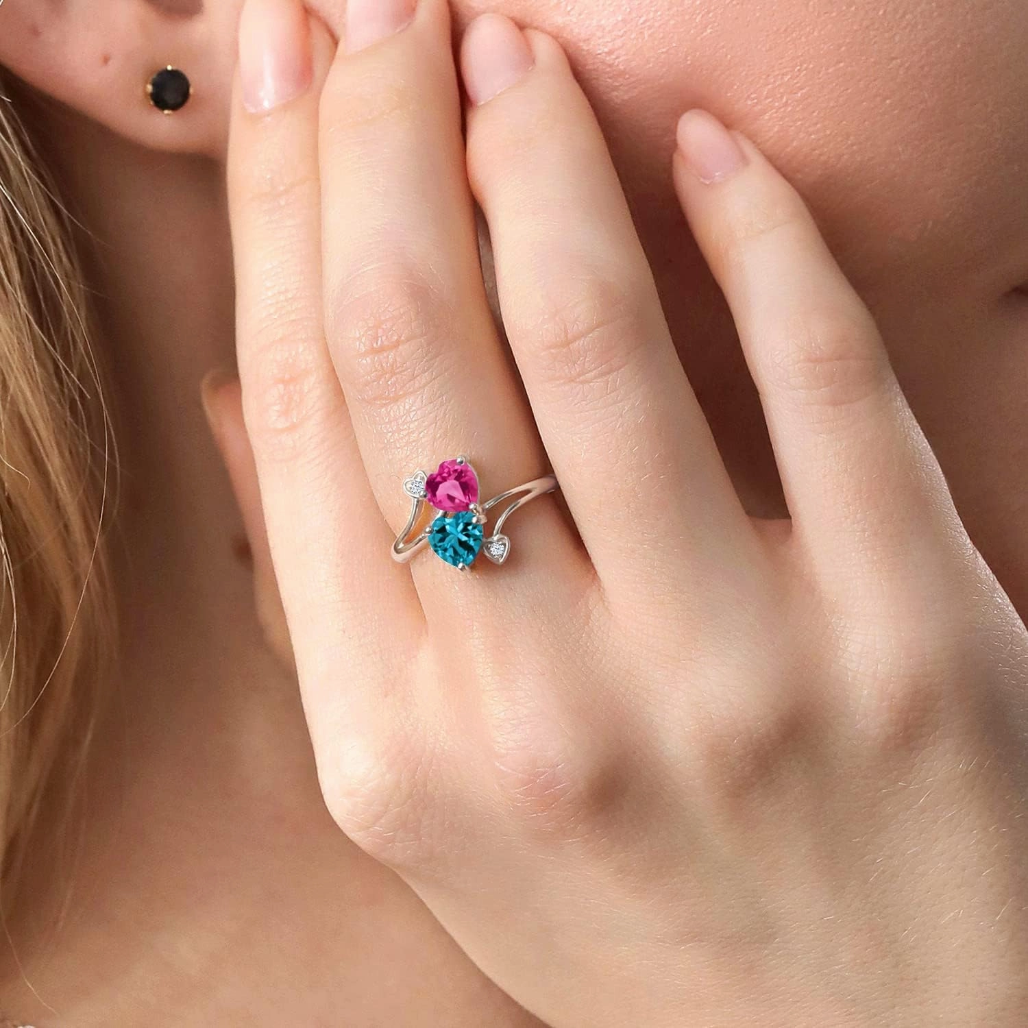 Gem Stone King 10K White Gold Pink Created Sapphire and London Blue Topaz Heart Shape Ring For Women | 1.78 Cttw | Gemstone Birthstone | Available In Size 5, 6, 7, 8, 9