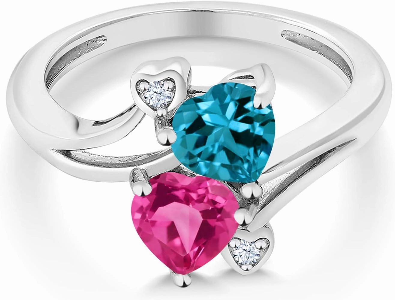Gem Stone King 10K White Gold Pink Created Sapphire and London Blue Topaz Heart Shape Ring For Women | 1.78 Cttw | Gemstone Birthstone | Available In Size 5, 6, 7, 8, 9