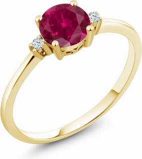 Gem Stone King 10K Yellow Gold Red Created Ruby and White Created Sapphire Solitaire Engagement Ring For Women (1.03 Cttw, Round 6MM, Gemstone July Birthstone, Available in Size 5,6,7,8,9)