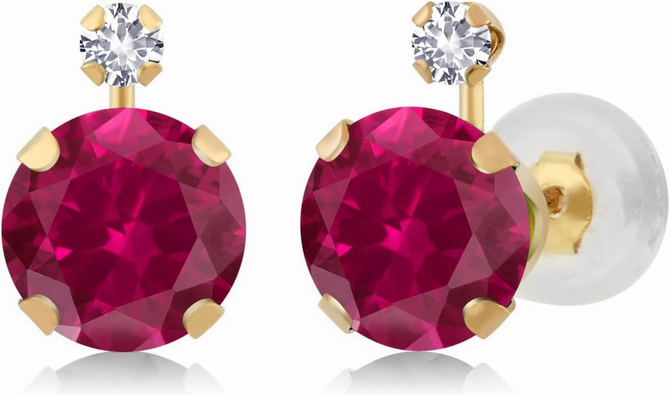 Gem Stone King 14K Yellow Gold Round Red Created Ruby and White Created Sapphire Earrings For Women (2.08 Cttw, Round 6MM)