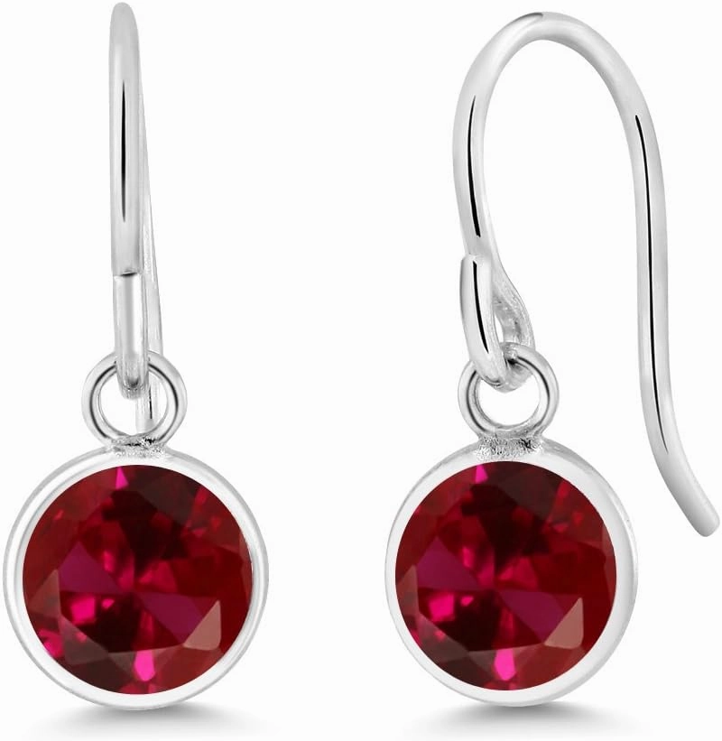 Gem Stone King 925 Sterling Silver Round Red Created Ruby Bezel French Wire Dangle Hook Earrings For Women (2.00 Cttw, Gemstone July Birthstone, Round 6MM)