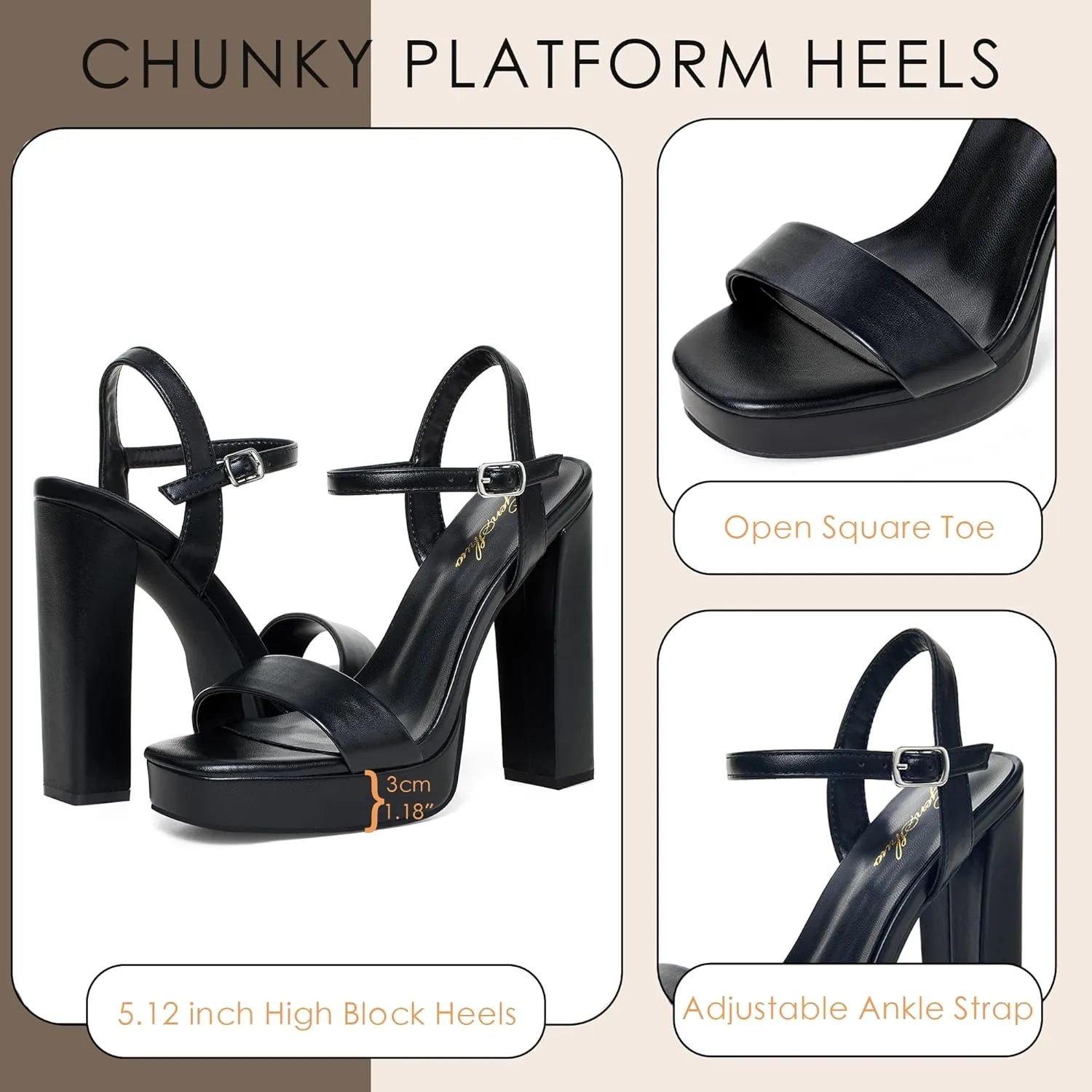 GENSHUO Platform 5 inch High Heels for Women Block Chunky High Heeled Sandals Square Open Toe Ankle Strap Glitter Sexy Shoes for Wedding Party Prom Dance