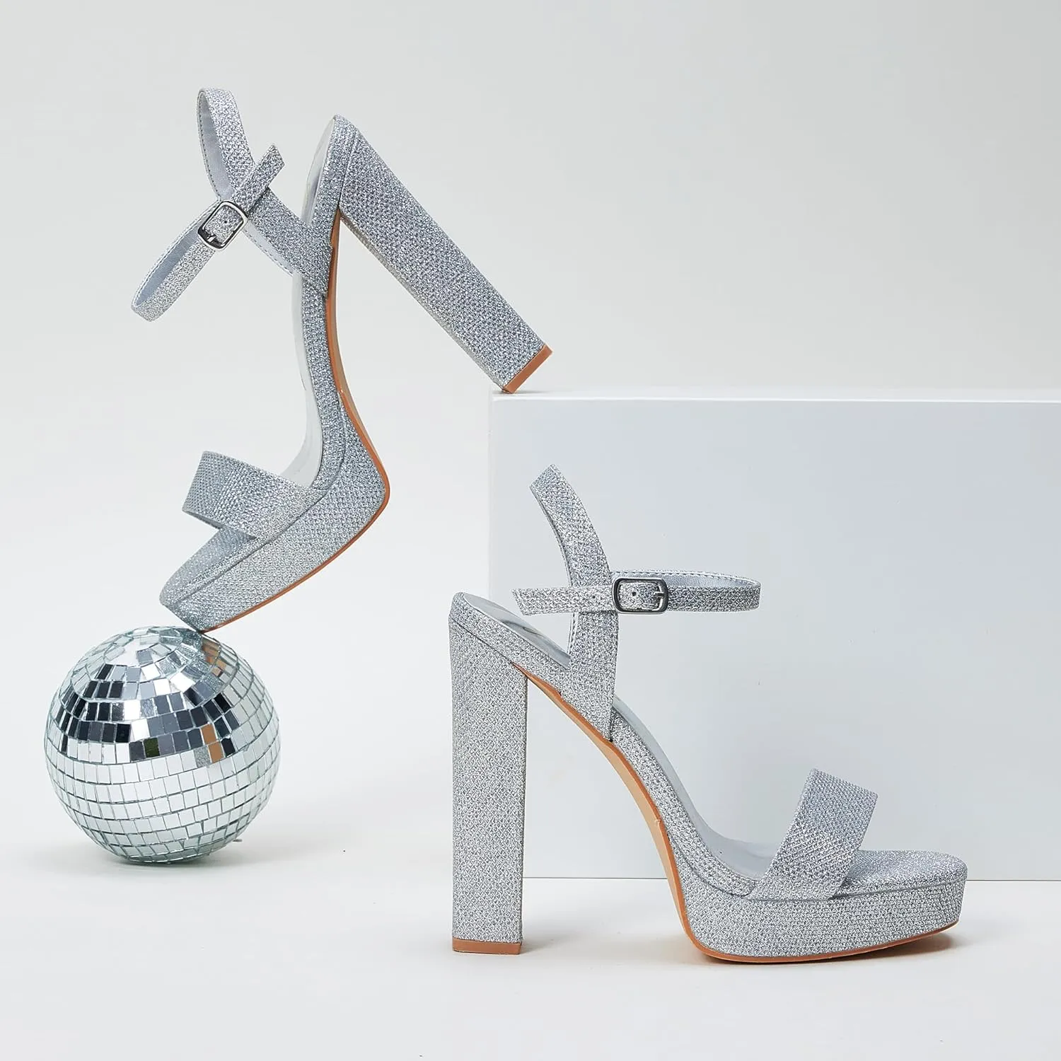 GENSHUO Platform 5 inch High Heels for Women Block Chunky High Heeled Sandals Square Open Toe Ankle Strap Glitter Sexy Shoes for Wedding Party Prom Dance