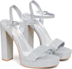 GENSHUO Platform 5 inch High Heels for Women Block Chunky High Heeled Sandals Square Open Toe Ankle Strap Glitter Sexy Shoes for Wedding Party Prom Dance