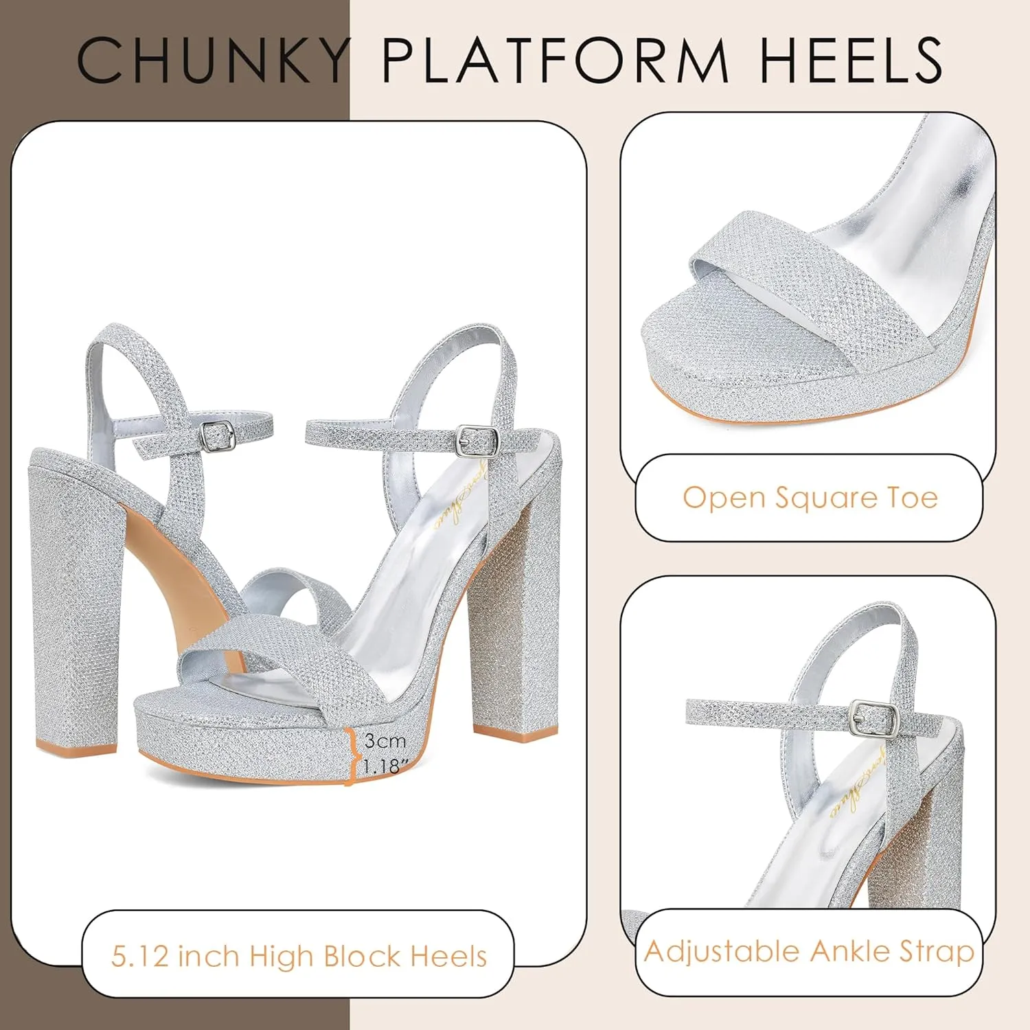 GENSHUO Platform 5 inch High Heels for Women Block Chunky High Heeled Sandals Square Open Toe Ankle Strap Glitter Sexy Shoes for Wedding Party Prom Dance