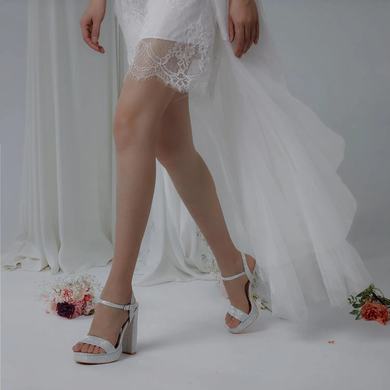 GENSHUO Platform 5 inch High Heels for Women Block Chunky High Heeled Sandals Square Open Toe Ankle Strap Glitter Sexy Shoes for Wedding Party Prom Dance