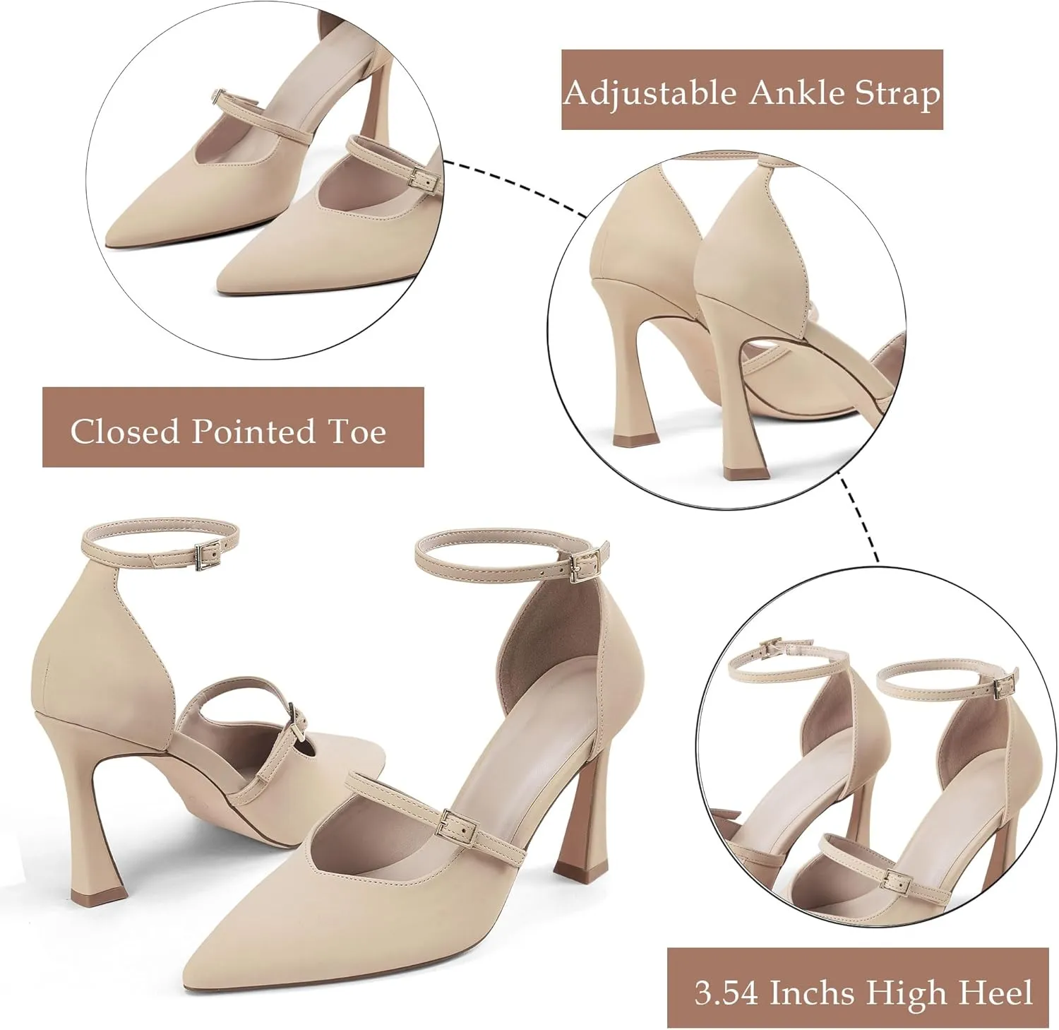 GENSHUO Women's High Heels Closed Toe D'Orsay Stiletto Pointed Toe 3.54 Inch Pumps with Ankle Strap Dress Shoes at Wedding Party Prom Work Dating