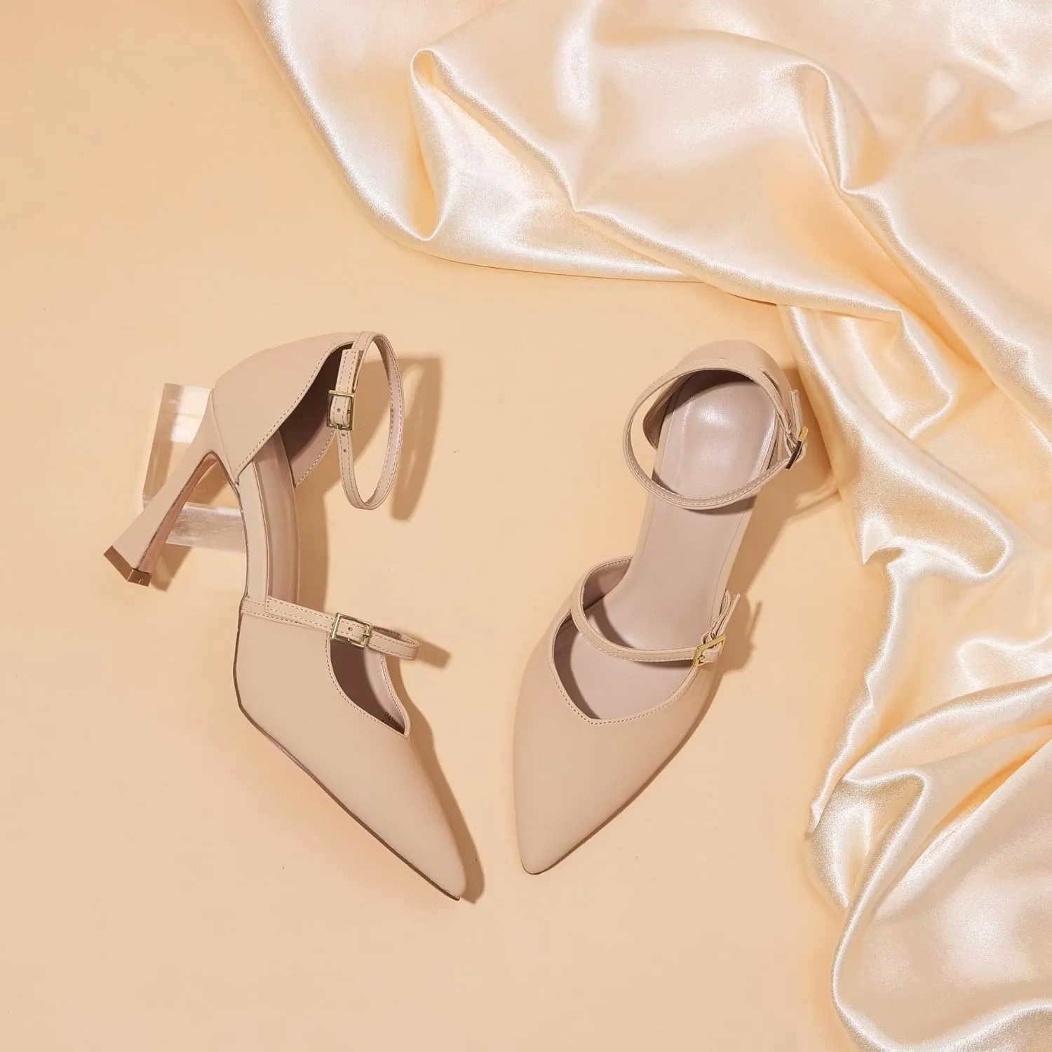 GENSHUO Women's High Heels Closed Toe D'Orsay Stiletto Pointed Toe 3.54 Inch Pumps with Ankle Strap Dress Shoes at Wedding Party Prom Work Dating