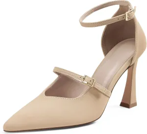 GENSHUO Women's High Heels Closed Toe D'Orsay Stiletto Pointed Toe 3.54 Inch Pumps with Ankle Strap Dress Shoes at Wedding Party Prom Work Dating