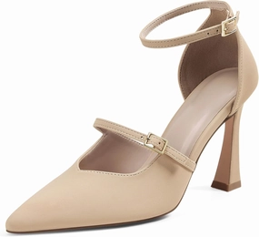 GENSHUO Women's High Heels Closed Toe D'Orsay Stiletto Pointed Toe 3.54 Inch Pumps with Ankle Strap Dress Shoes at Wedding Party Prom Work Dating