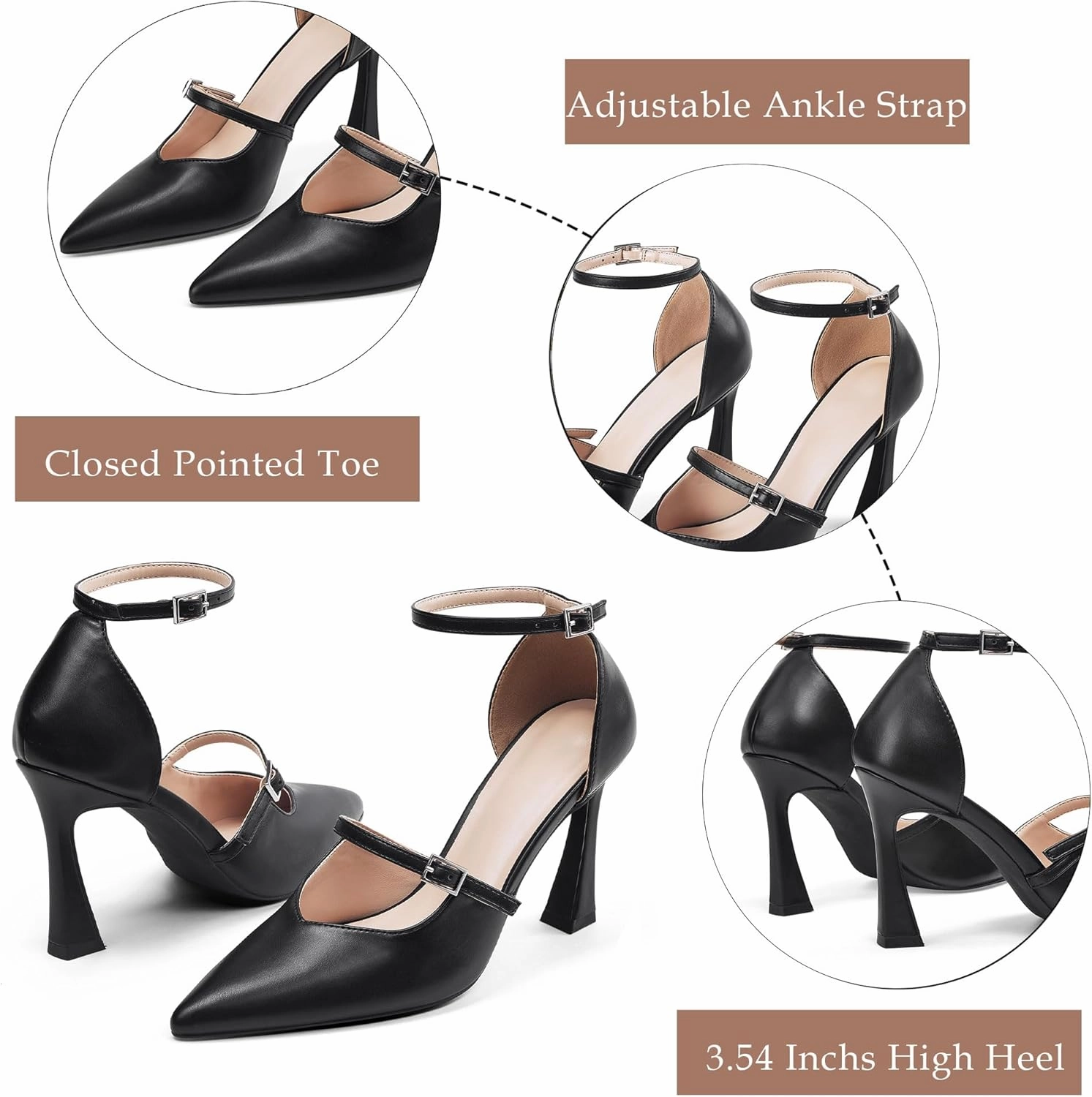 GENSHUO Women's High Heels Closed Toe D'Orsay Stiletto Pointed Toe 3.54 Inch Pumps with Ankle Strap Dress Shoes at Wedding Party Prom Work Dating