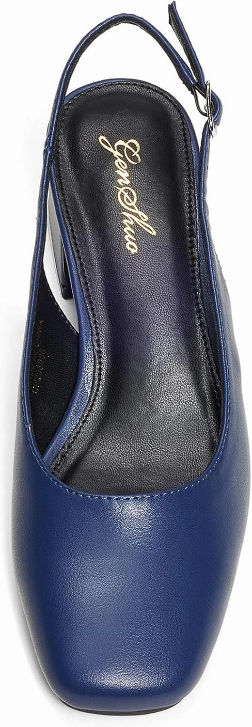 GENSHUO Women's Pumps Square Toe Slingback Low Heels Block Chunky Heel 2.36 Inch Black White Navy Blue Nude Dress Shoes for Daily Office Party