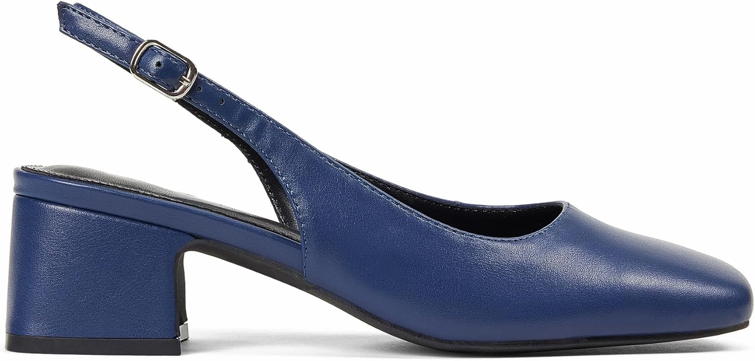 GENSHUO Women's Pumps Square Toe Slingback Low Heels Block Chunky Heel 2.36 Inch Black White Navy Blue Nude Dress Shoes for Daily Office Party