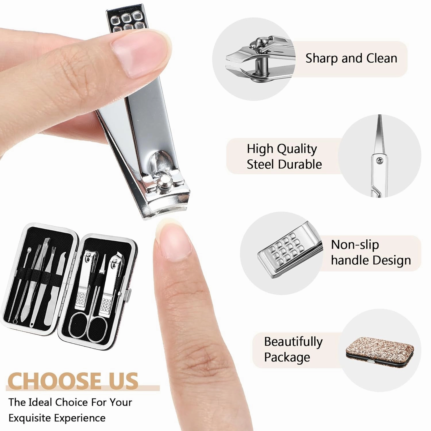 Geosar 12 Set 8 in 1 Manicure Set Stainless Steel Nail Clippers Kit Pedicure Care Tools with Leather Case Travel Grooming Kit Gift for Father's Day(Glitter Rose Gold)