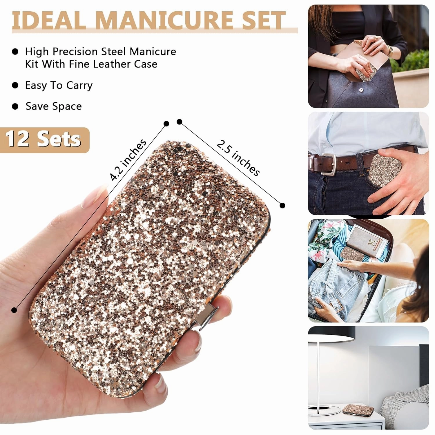Geosar 12 Set 8 in 1 Manicure Set Stainless Steel Nail Clippers Kit Pedicure Care Tools with Leather Case Travel Grooming Kit Gift for Father's Day(Glitter Rose Gold)
